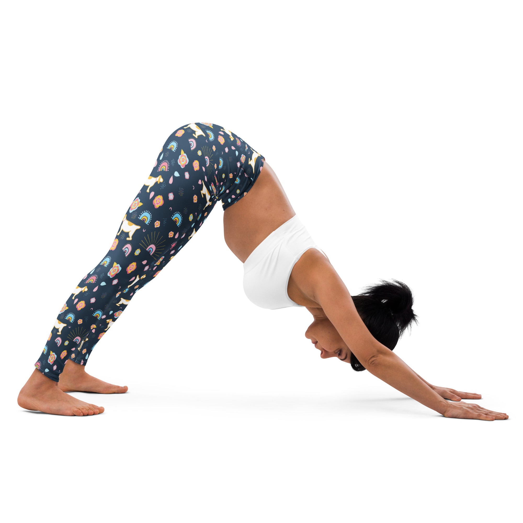 Women’s corgi themed buttery soft dark blue yoga leggings with unicorn rainbow and star pattern in pastel hues