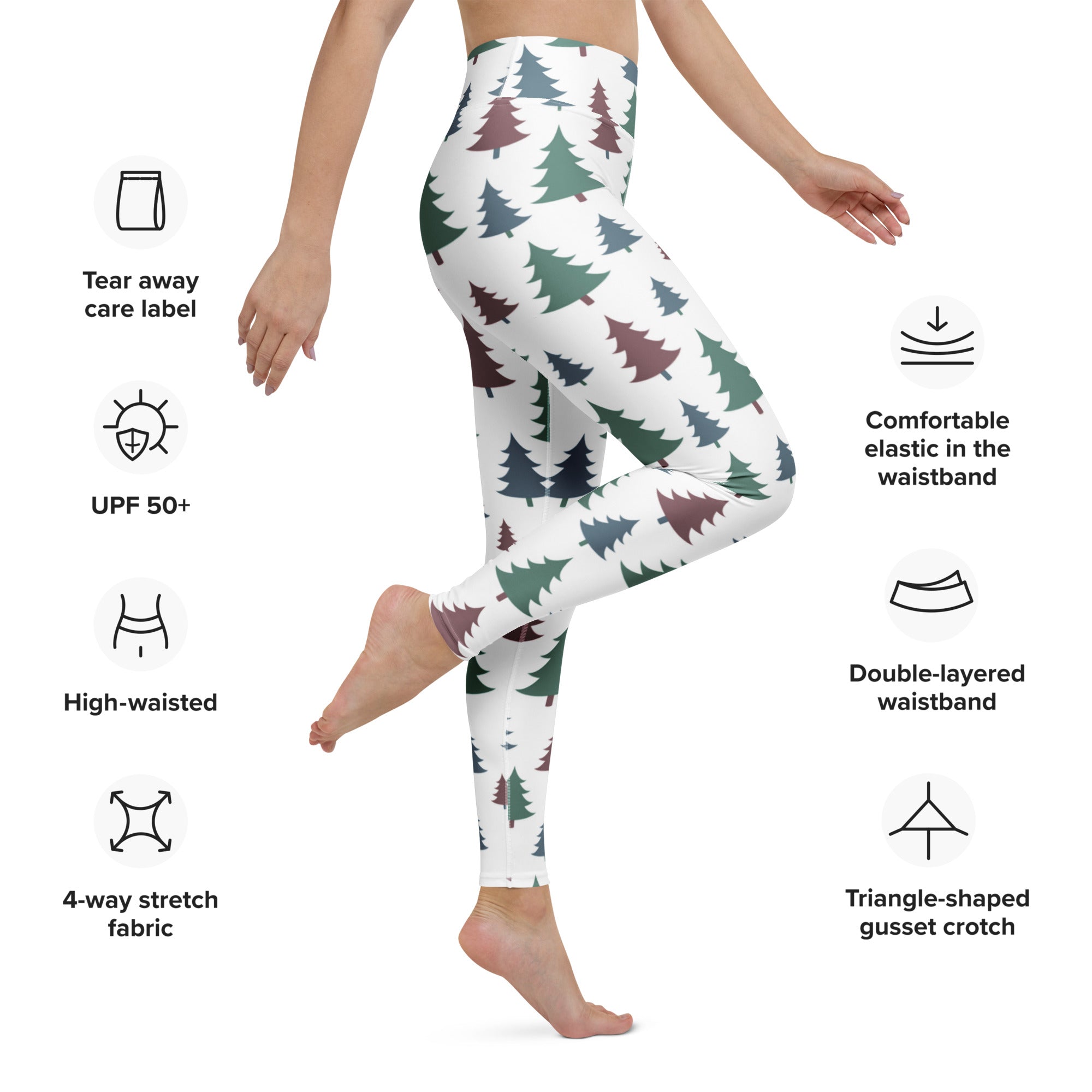 White buttery soft yoga leggings with green and maroon pine tree pattern for women’s christmas wear