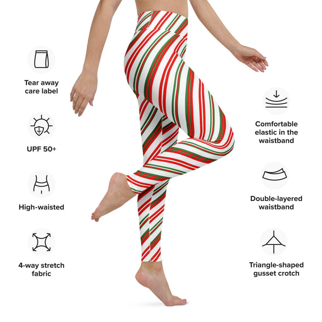 Women’s candy cane stripe buttery soft yoga leggings in red green and white with high-waisted 4-way stretch fabric