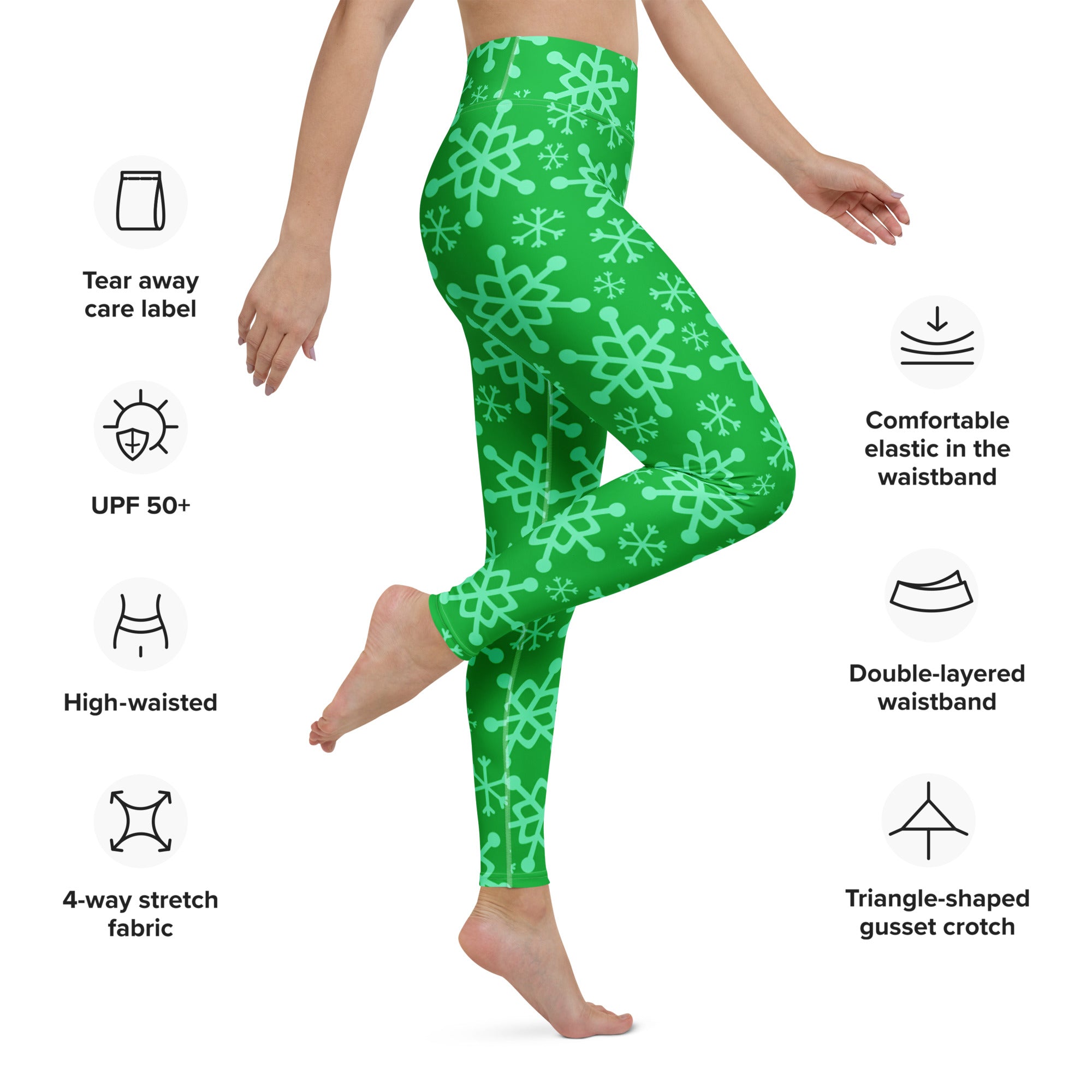 Green snowflake patterned high waisted leggings made from buttery soft 4 way stretch fabric for women