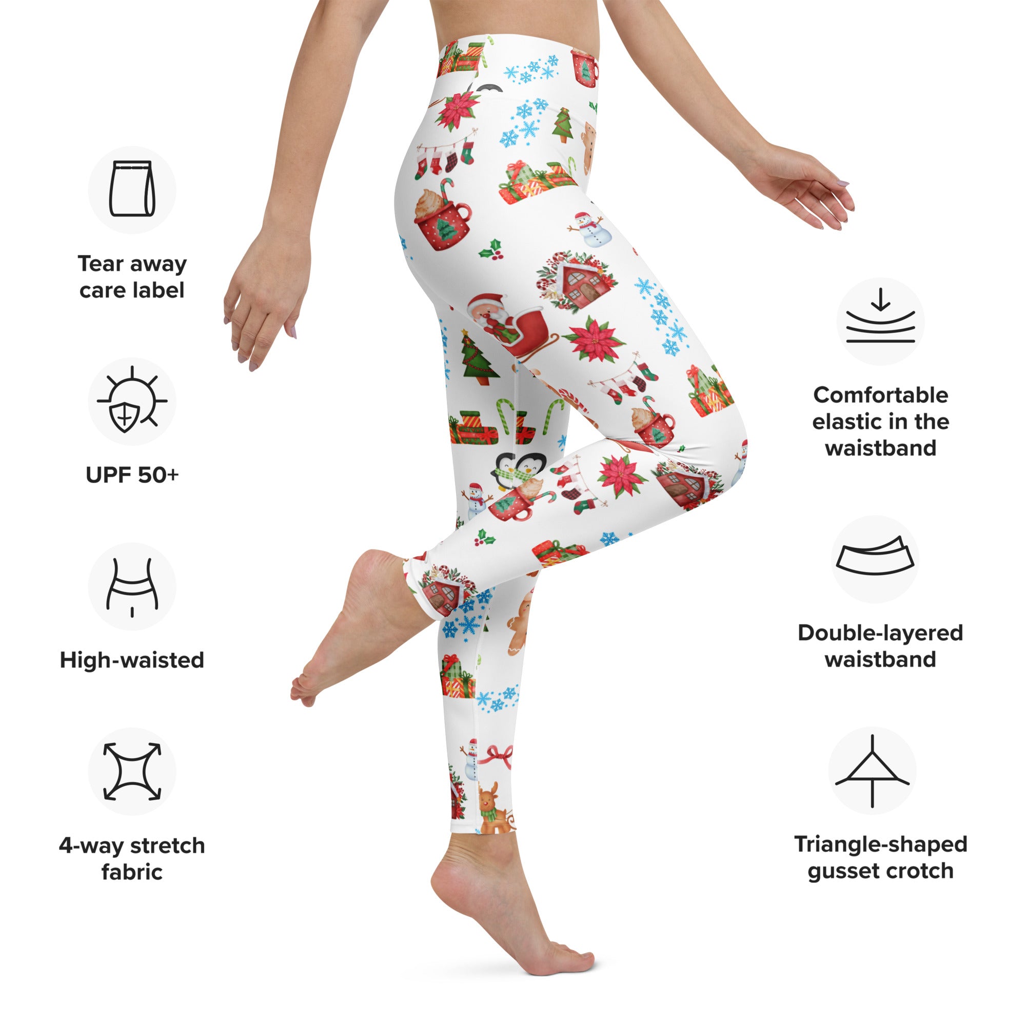 White christmas-themed buttery soft women’s yoga leggings with festive santa snowmen and holiday gifts illustrations