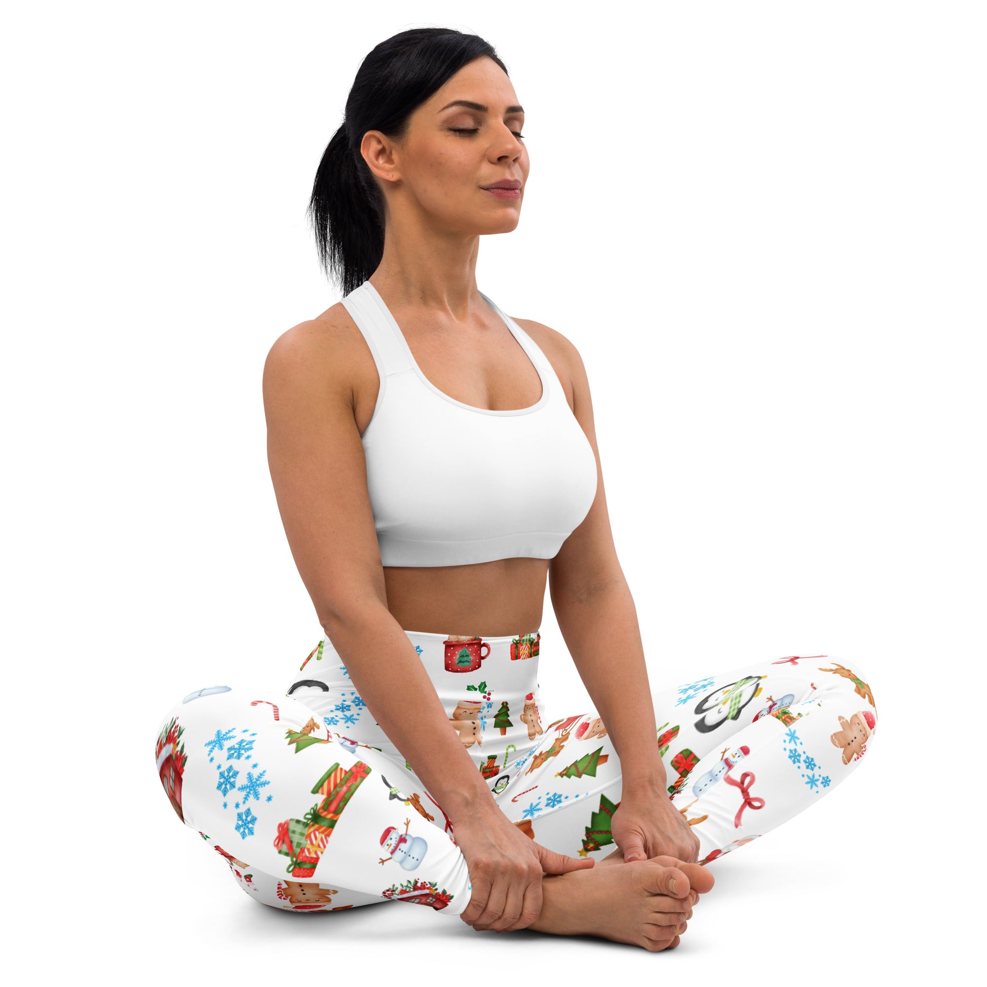 Women’s christmas buttery soft white yoga leggings with festive snowmen gifts and trees pattern