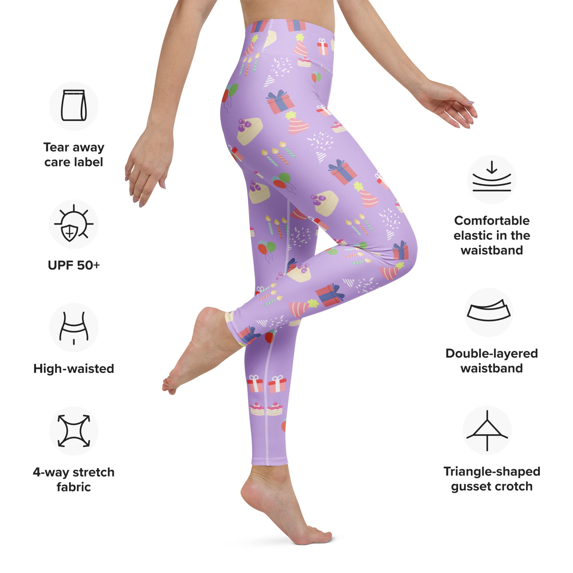 Women’s purple birthday pattern buttery soft yoga leggings in lilac with cupcake gift and candy prints