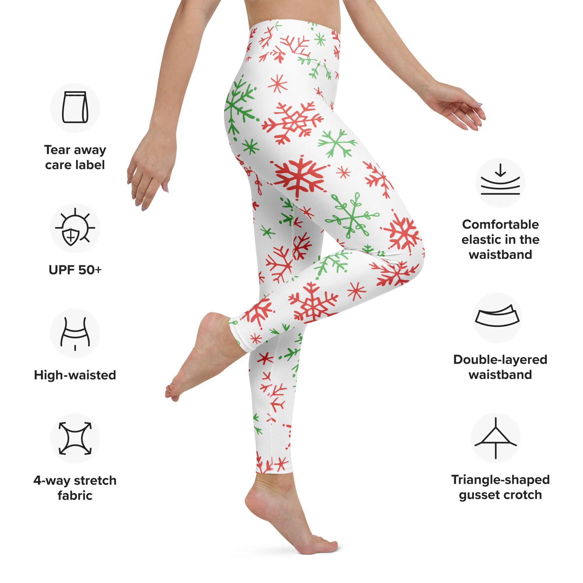 White women’s Christmas snowflake buttery soft yoga leggings with festive red and green snowflake pattern