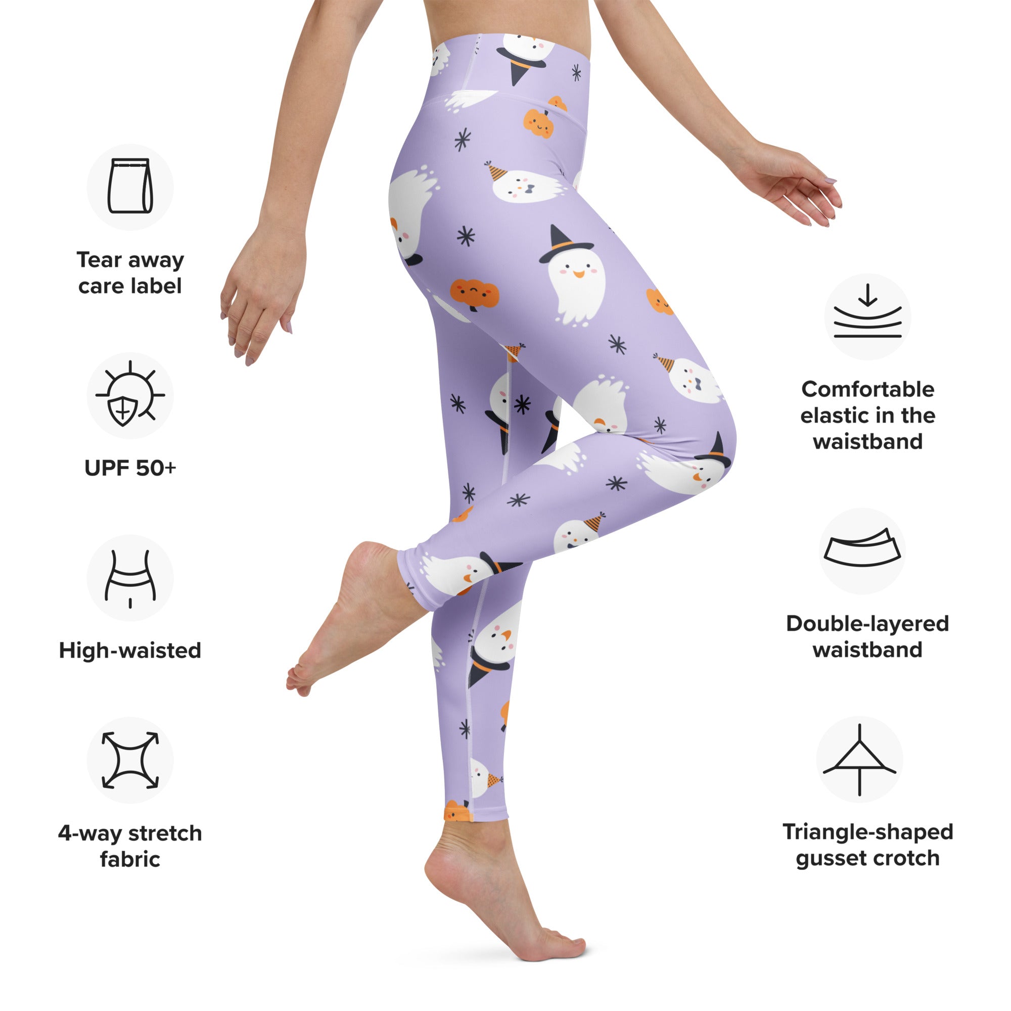 Women’s lilac witch ghost buttery soft yoga leggings with white ghosts orange pumpkins and black hats festive patterns