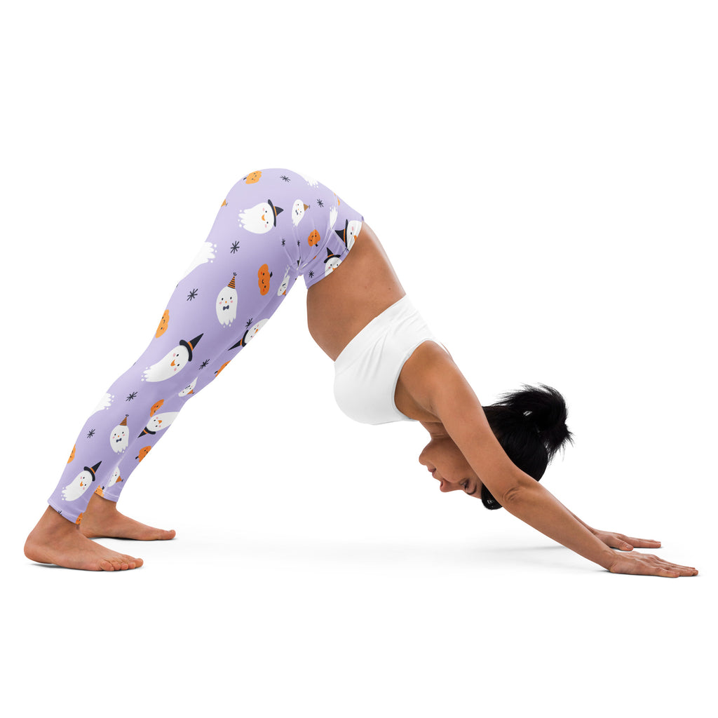 Women’s lavender buttery soft yoga leggings with white ghost and orange pumpkin halloween print