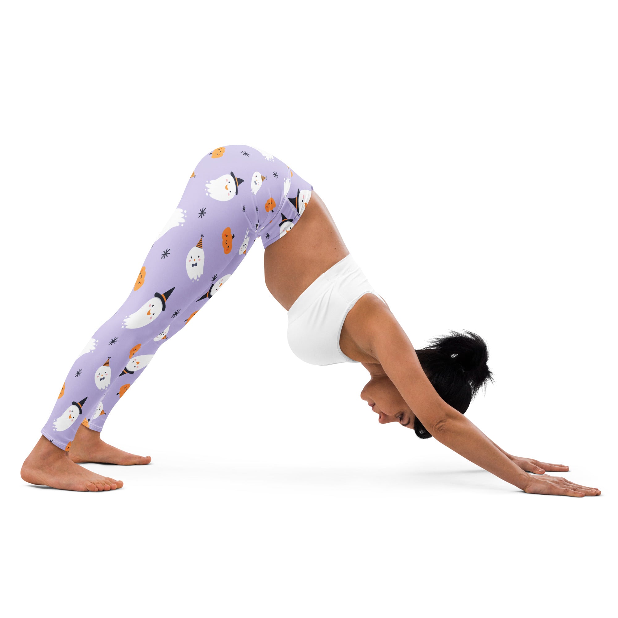 Women’s lavender buttery soft yoga leggings with white ghost and orange pumpkin halloween print