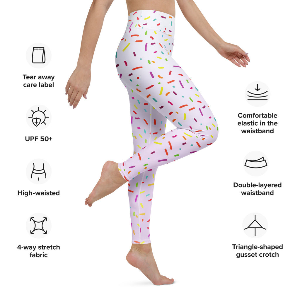 White women’s buttery soft yoga leggings with colorful sprinkle pattern for playful activewear look