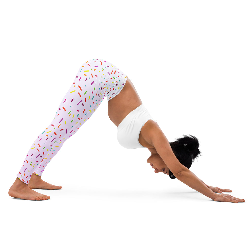 Women’s white buttery soft yoga leggings with colorful sprinkle pattern for playful activewear look