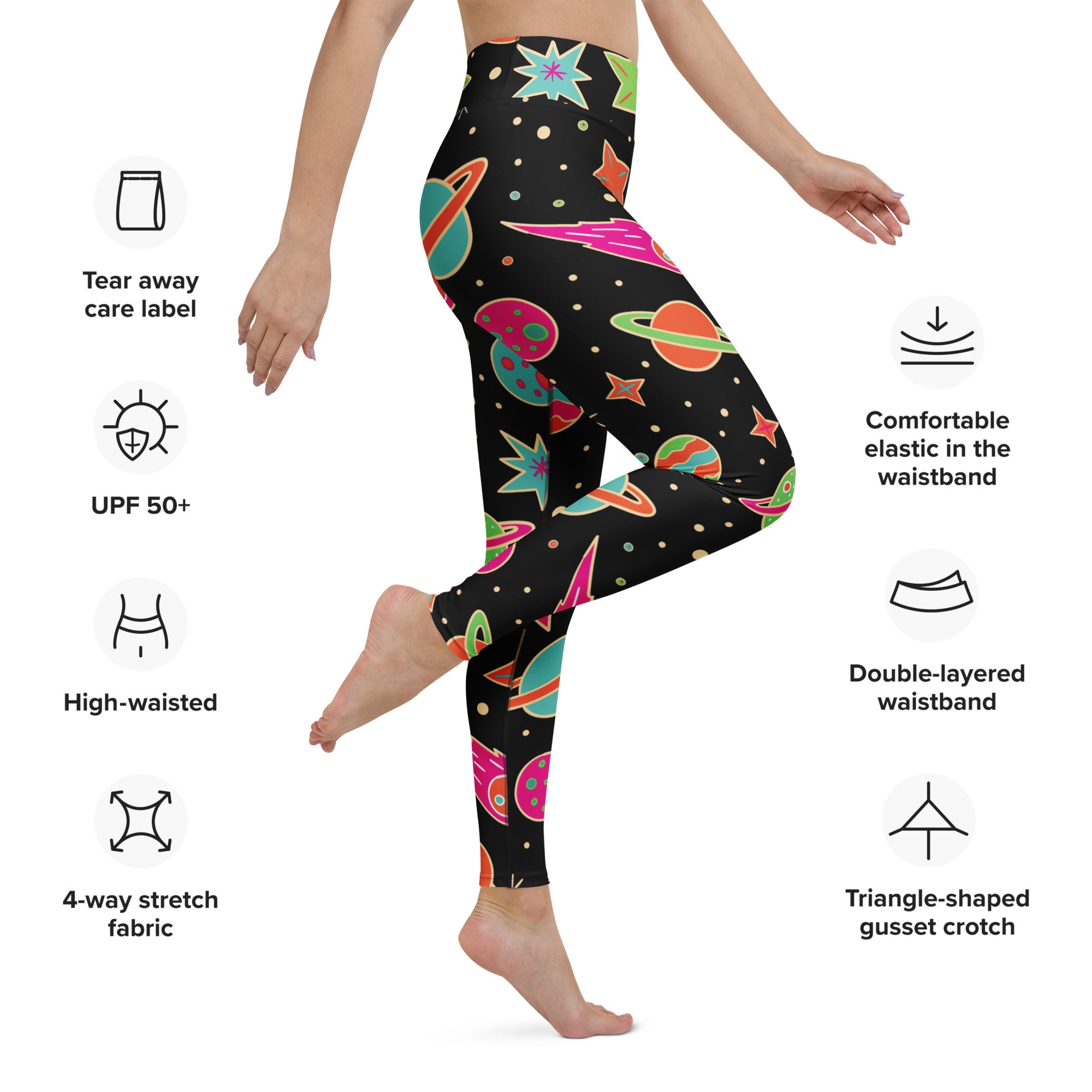 Black high-waisted women’s neon galaxy buttery soft yoga leggings with colorful space-themed planets stars and rockets pattern