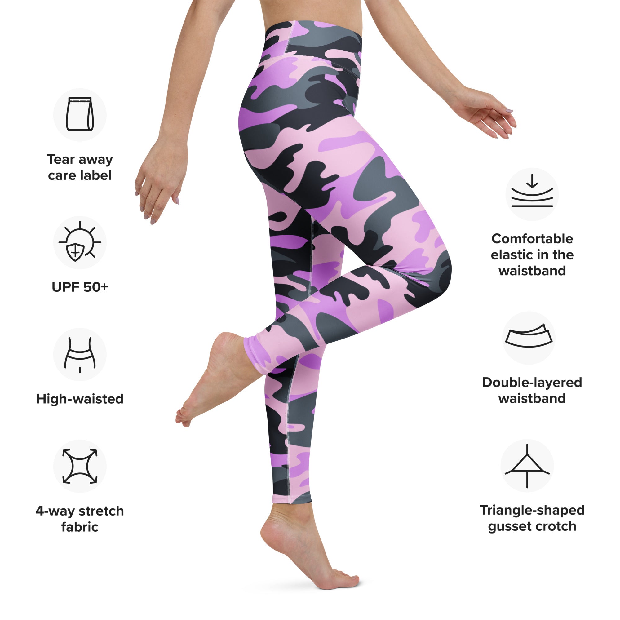 Women’s purple and black camouflage high-waisted yoga leggings made of buttery soft 4-way stretch fabric