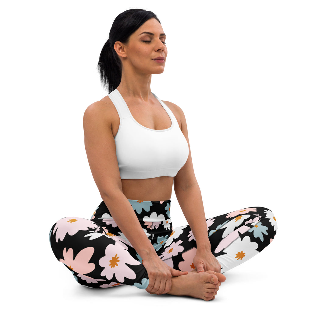 Black leggings with vibrant pink white and light blue floral pattern on dark background womens retro buttery soft yoga leggings