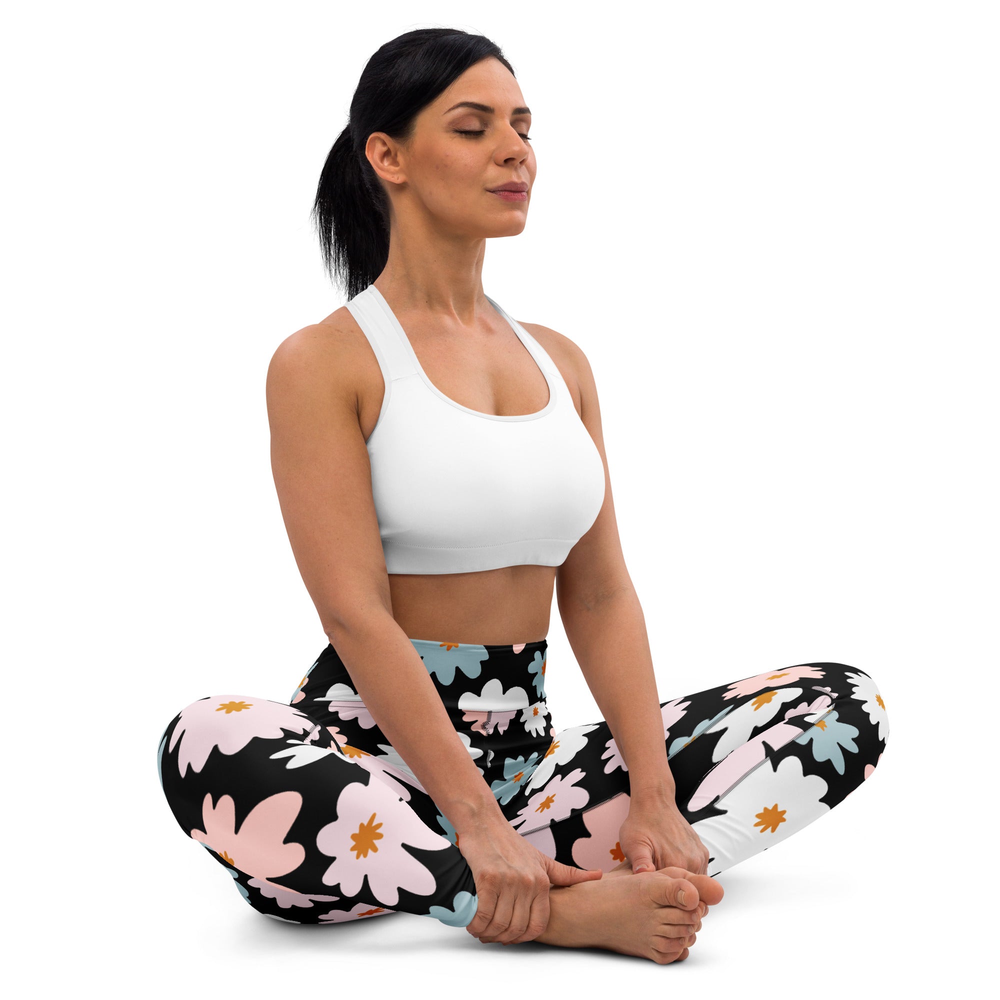 Black leggings with vibrant pink white and light blue floral pattern on dark background womens retro buttery soft yoga leggings