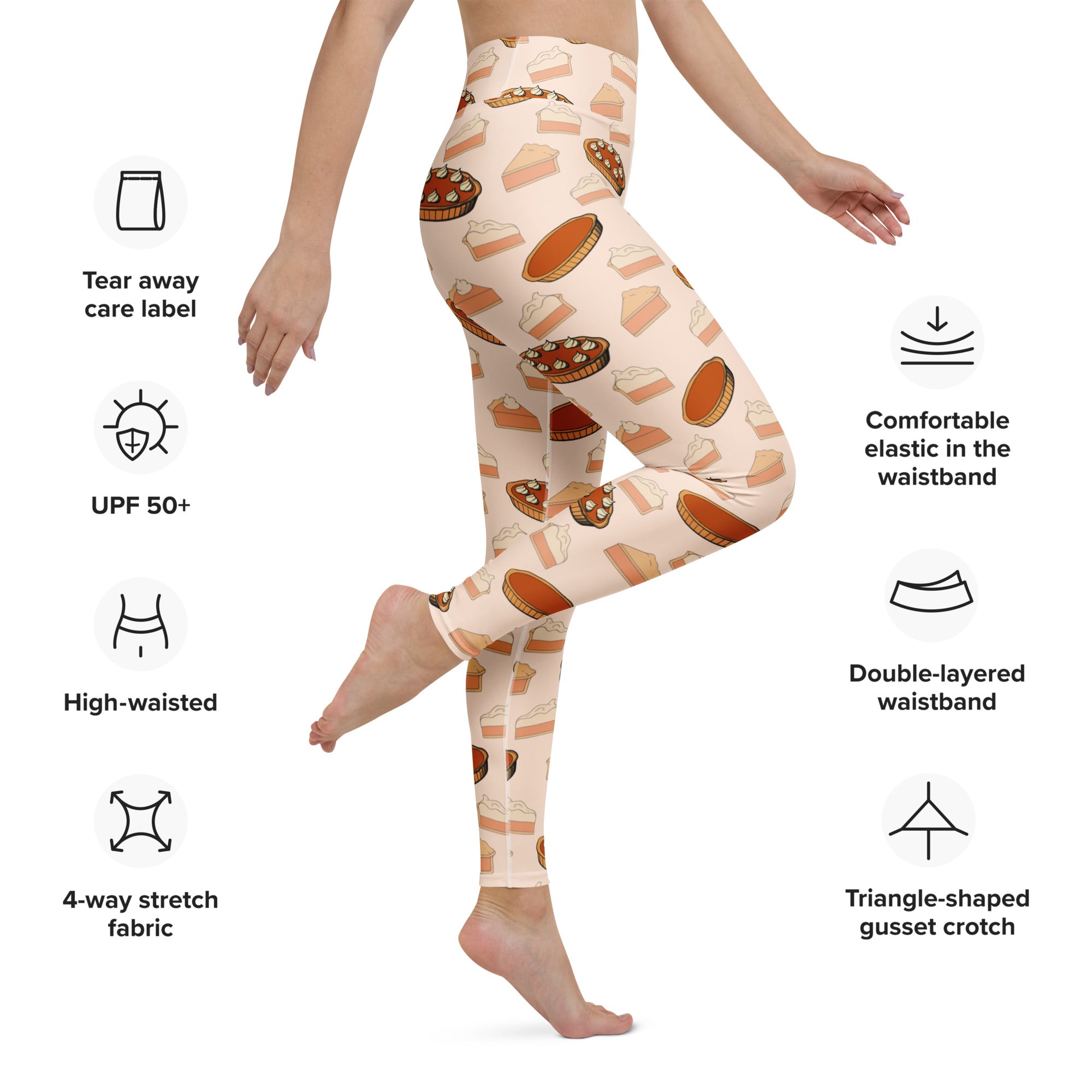 Cream-colored buttery soft women’s yoga leggings with playful pumpkin pie pattern in warm orange brown and beige tones