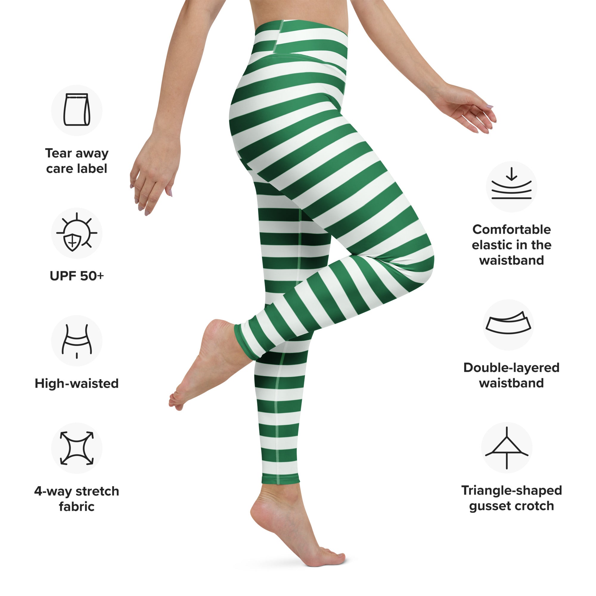 Women’s green and white striped high waisted buttery soft yoga leggings made of 4 way stretch fabric