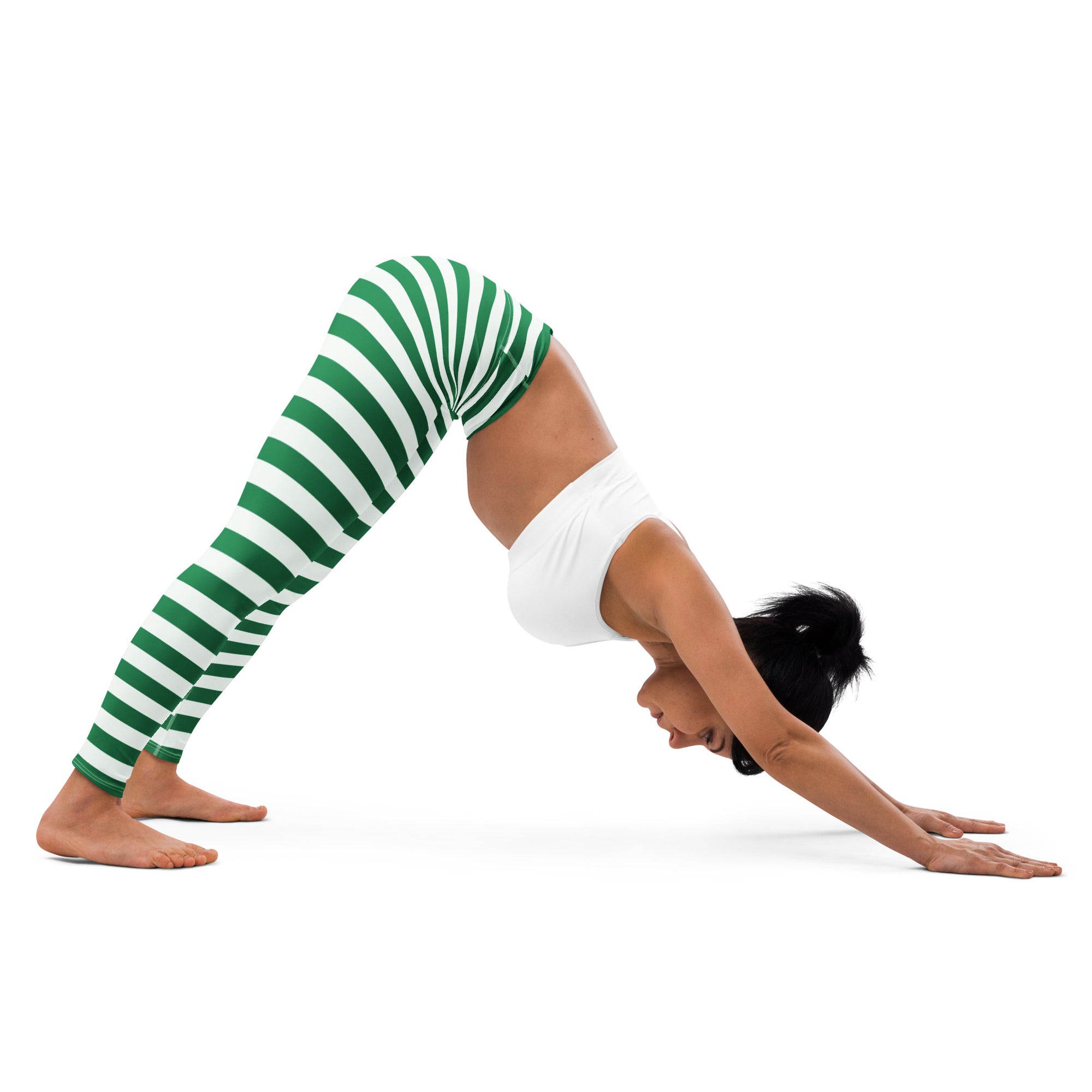 Women’s green and white striped buttery soft yoga leggings showing front side with comfortable fit and vibrant colors
