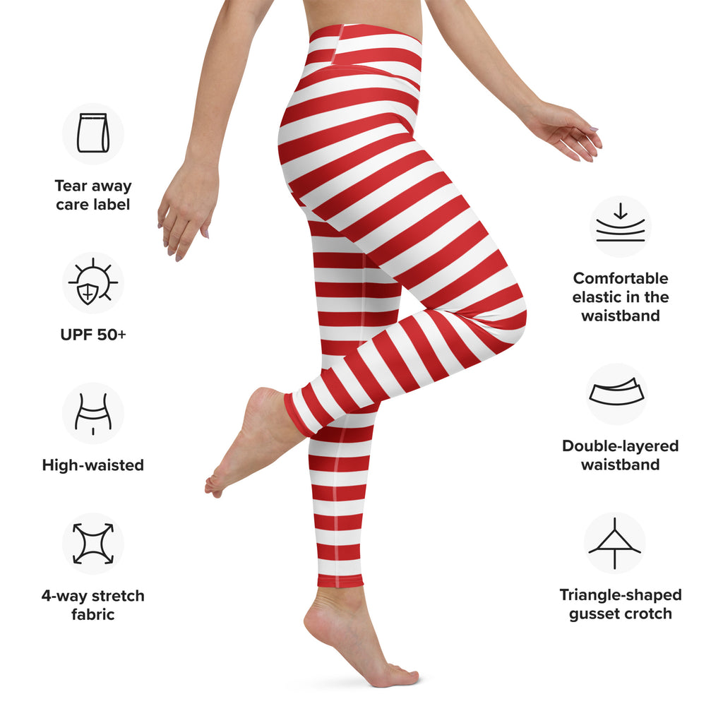 Women’s red and white striped high-waisted buttery soft yoga leggings made of 4-way stretch fabric