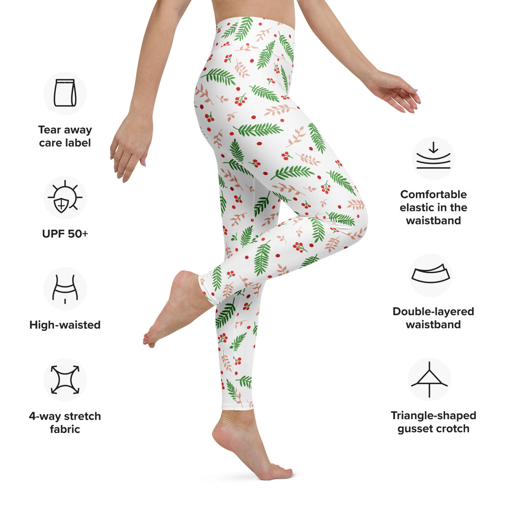 White high-waisted buttery soft yoga leggings with green and pink leafy pattern for women winter wear
