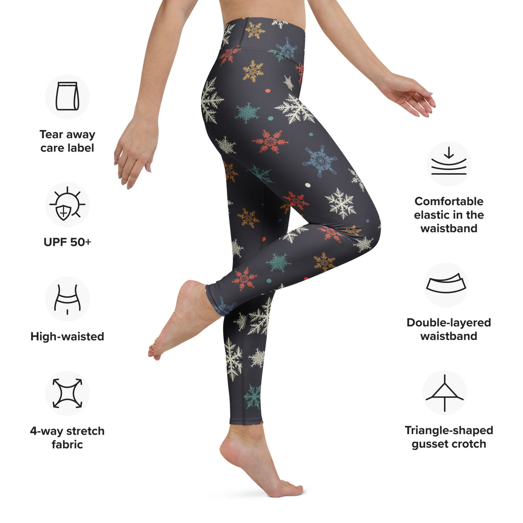 Dark gray women’s winter snowflake buttery soft yoga leggings with multicolored festive snowflake pattern
