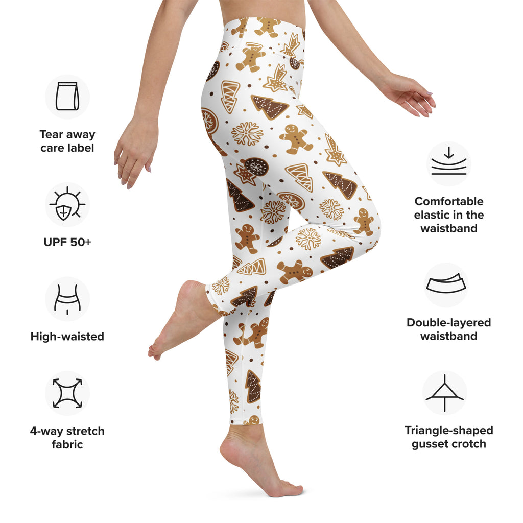 White high waisted buttery soft yoga leggings with a festive gingerbread cookie pattern in brown and gold