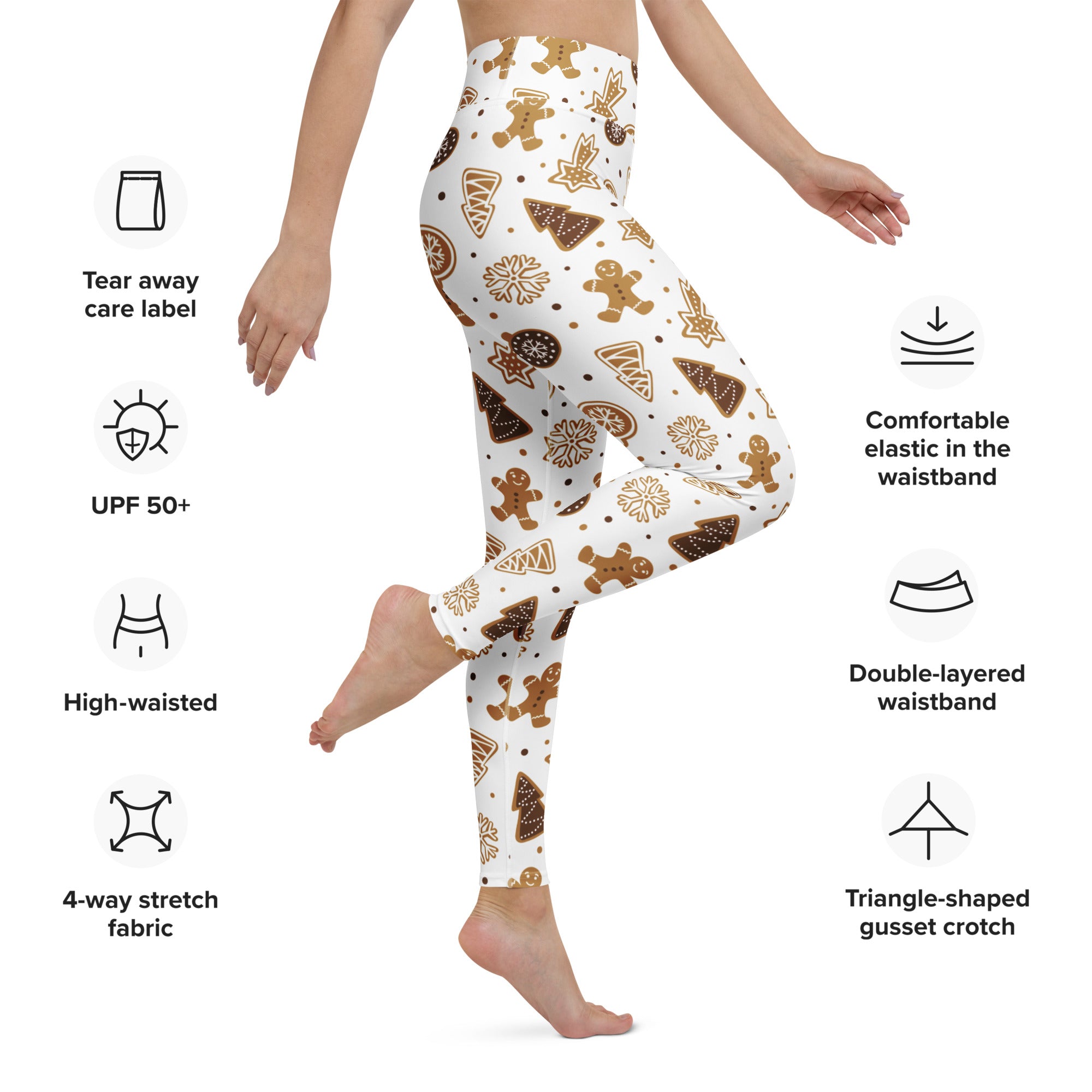 White high waisted buttery soft yoga leggings with a festive gingerbread cookie pattern in brown and gold