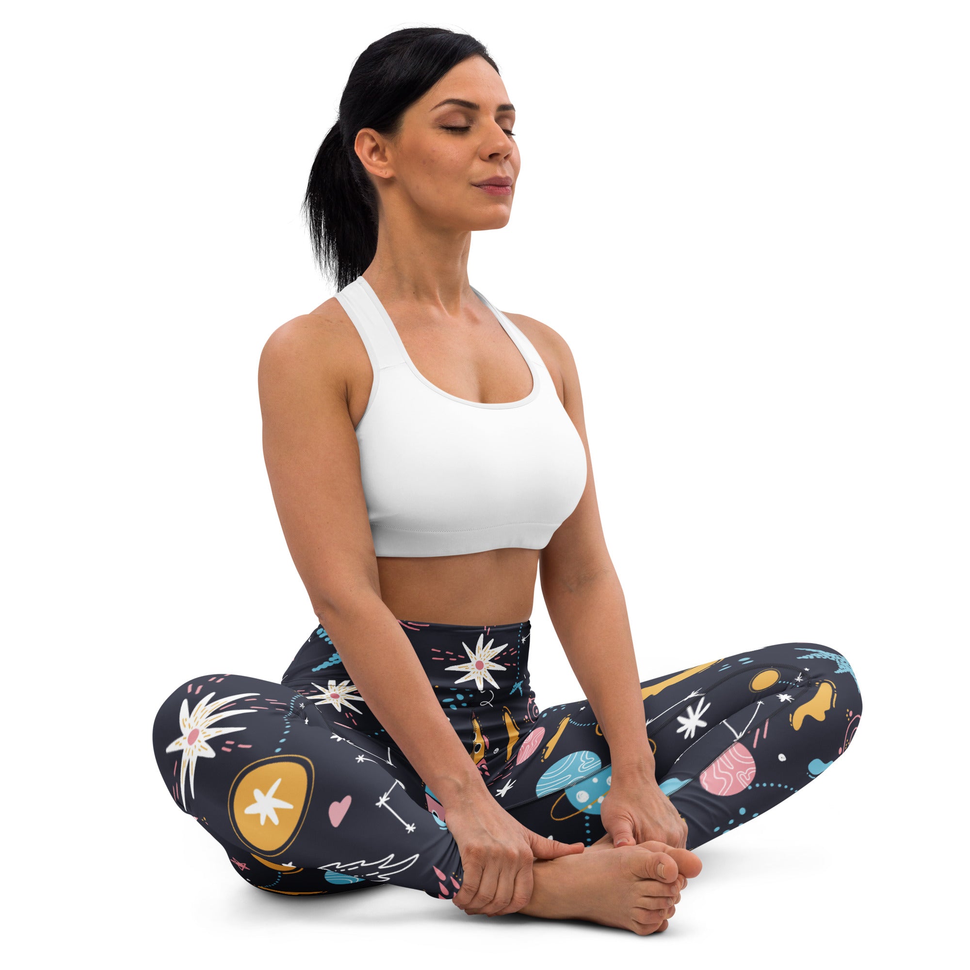 Women’s outer space buttery soft black leggings with colorful stars planets and abstract shapes for yoga
