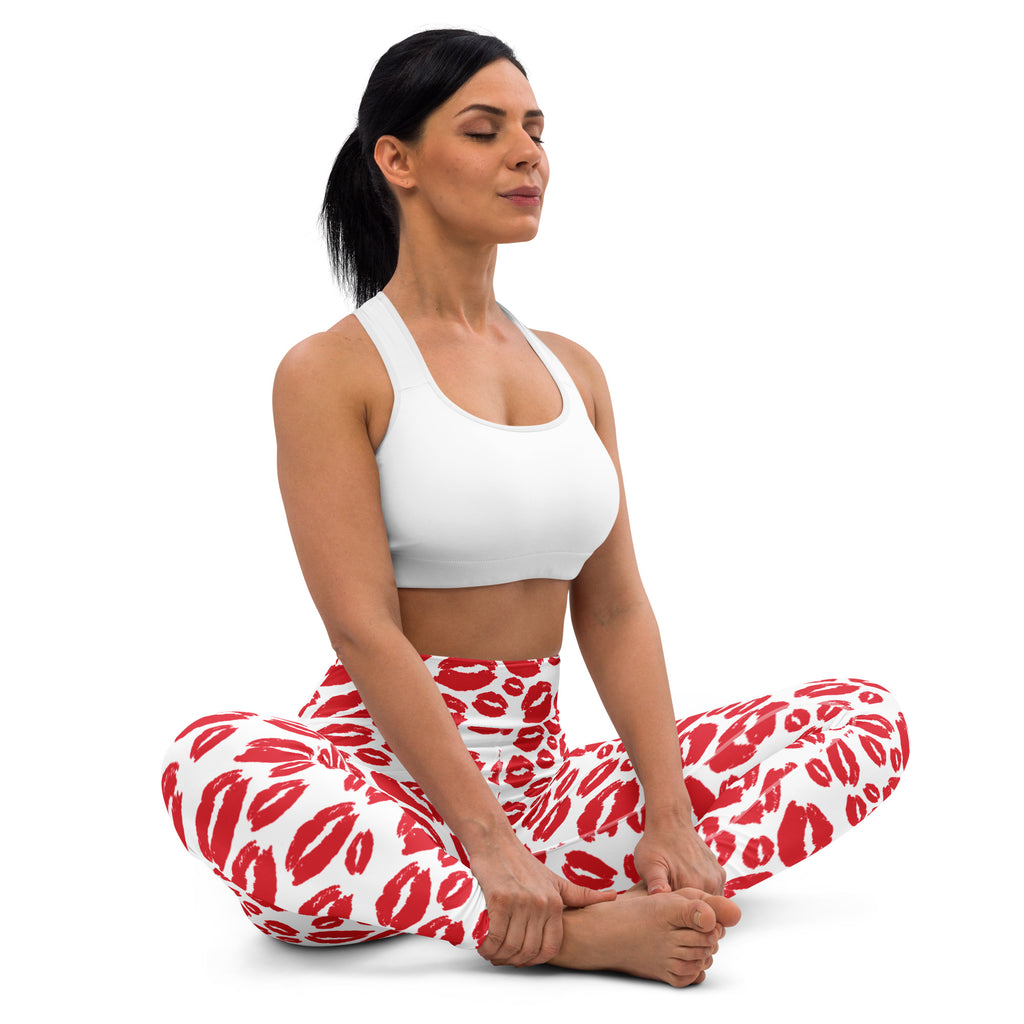 Women’s red and white kiss print buttery soft yoga leggings with quick drying high waisted comfort front view