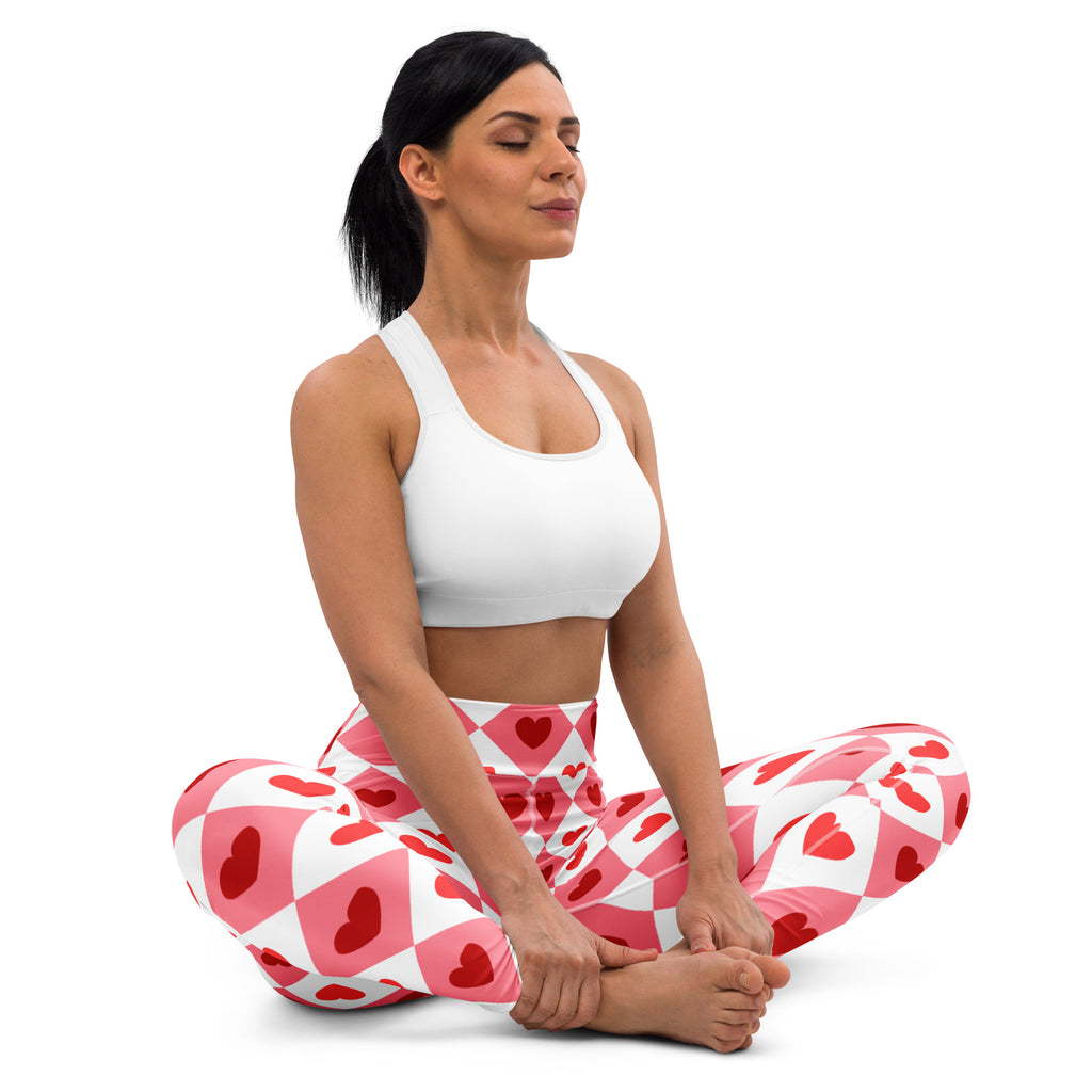 Women’s pink and white heart pattern buttery soft high waisted yoga leggings with quick drying geometric design