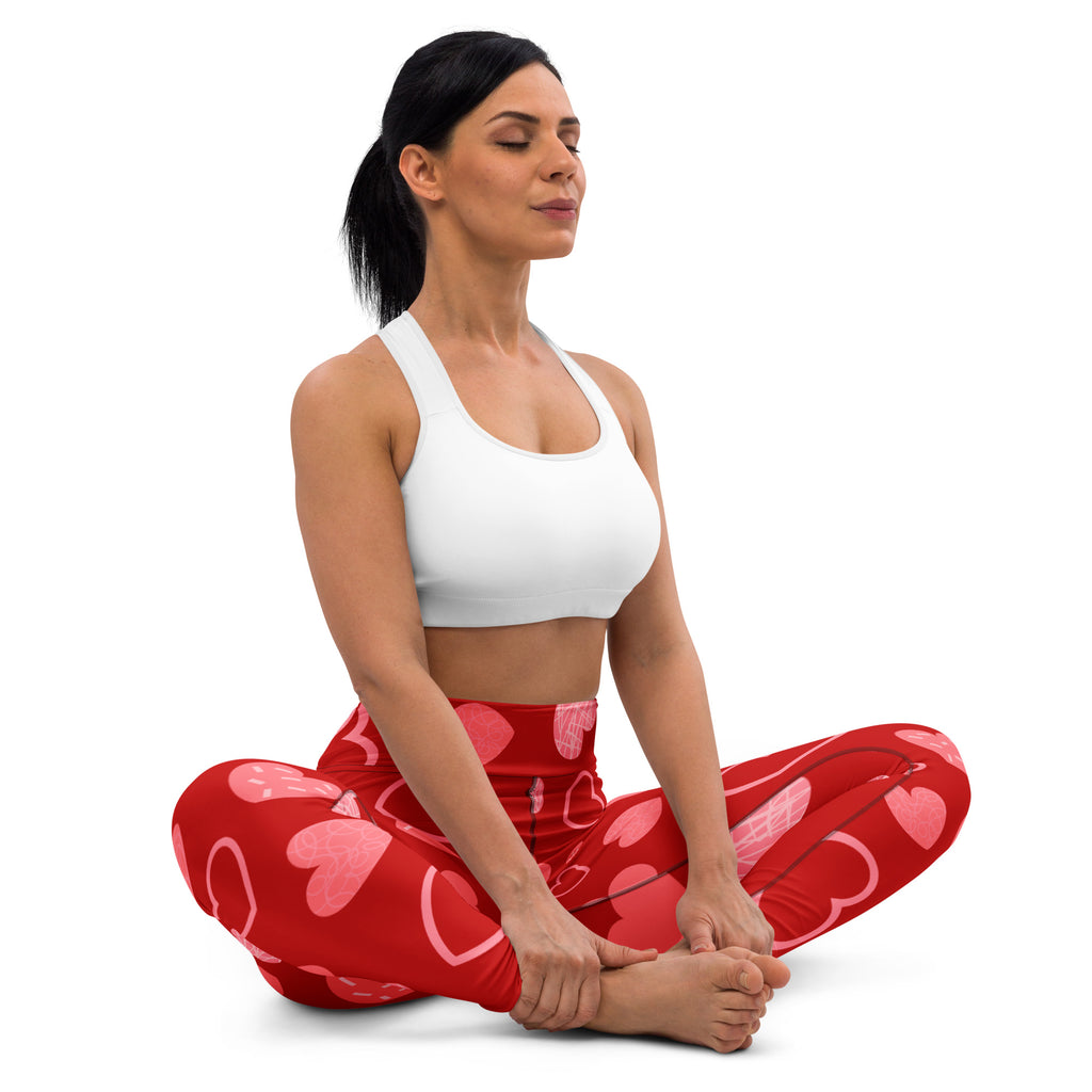 Women’s red heart pattern buttery soft yoga leggings with stretchy, quick drying, high waisted comfort material