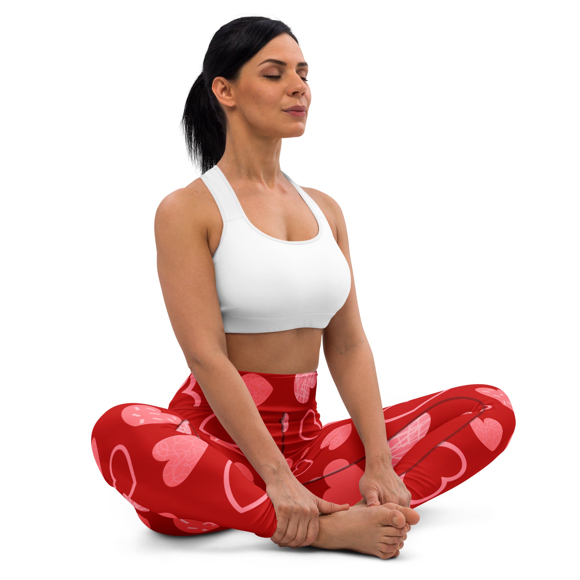 Women’s red heart pattern buttery soft yoga leggings with stretchy, quick drying, high waisted comfort material