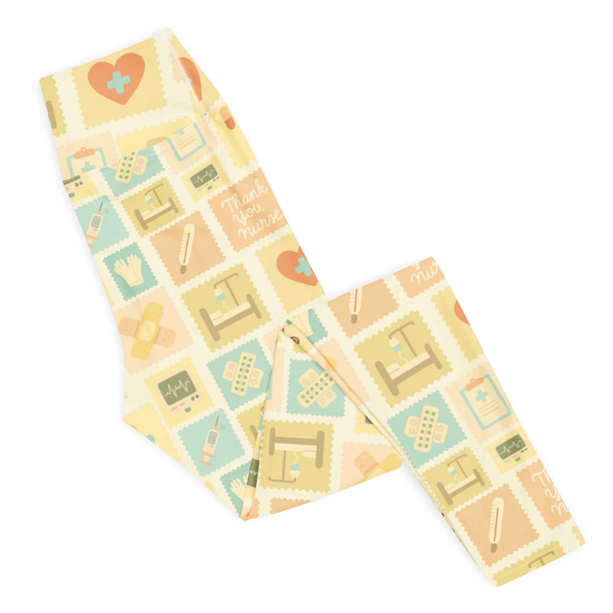 Cream-colored buttery soft high waisted women’s yoga leggings with vintage nurse stamp design in pastel tones