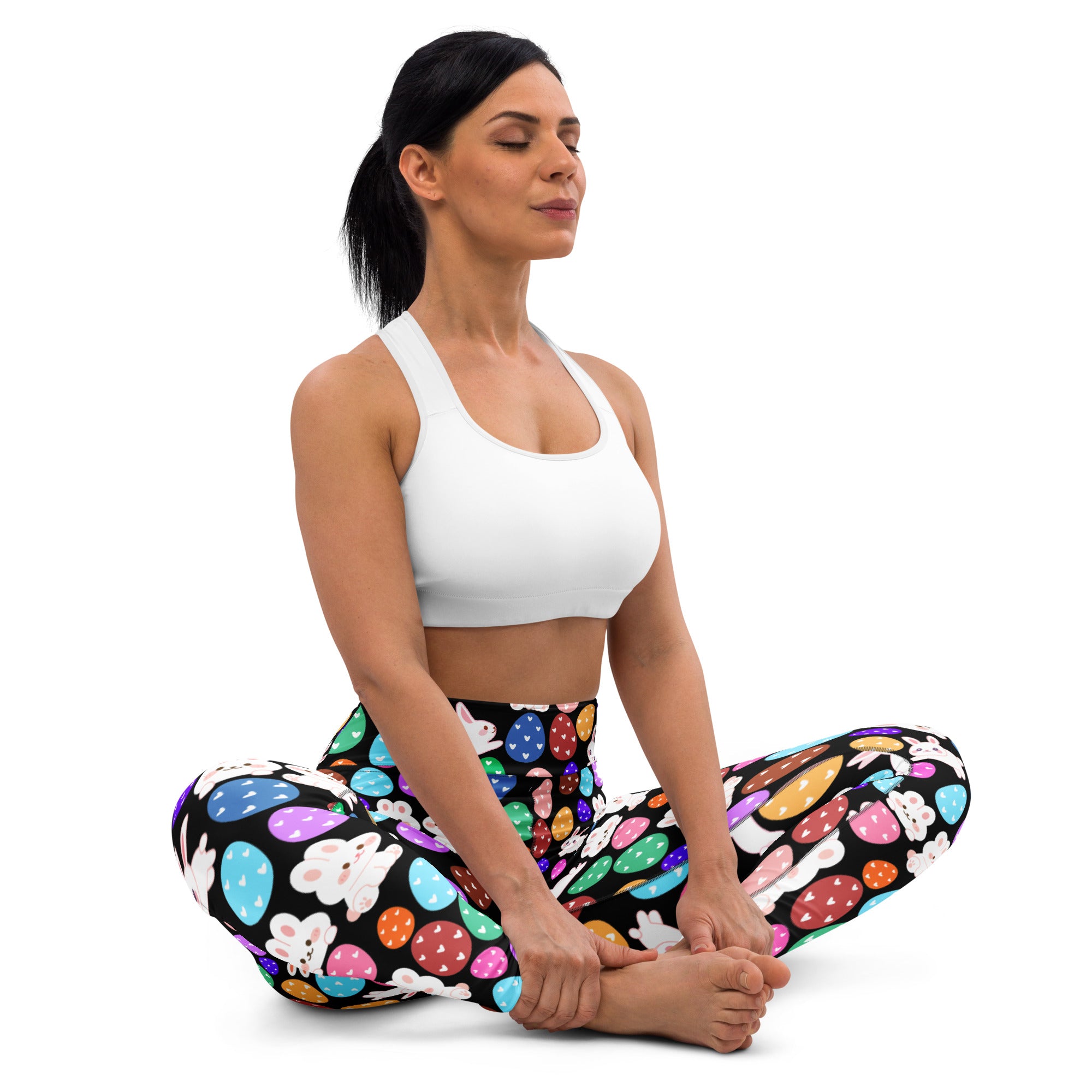 Women’s black buttery soft yoga leggings with colorful easter eggs and white bunnies high waisted quick drying