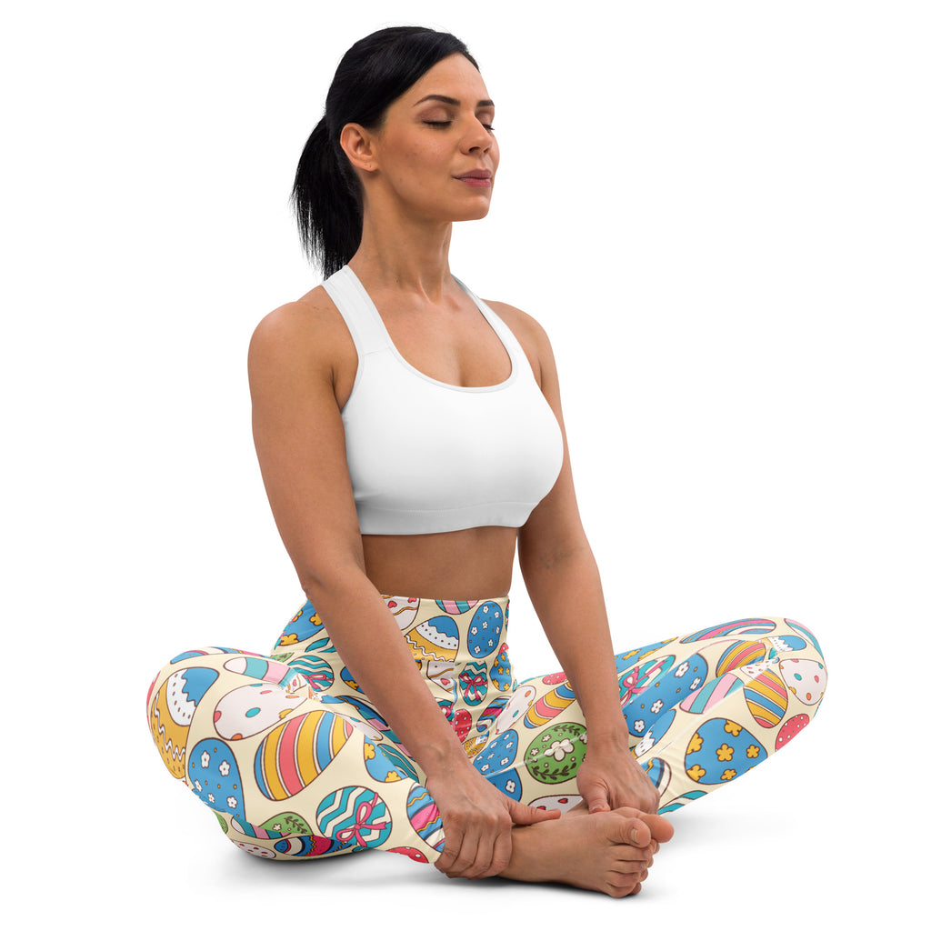 Beige buttery soft high waisted yoga leggings with colorful cartoon style easter egg print quick drying