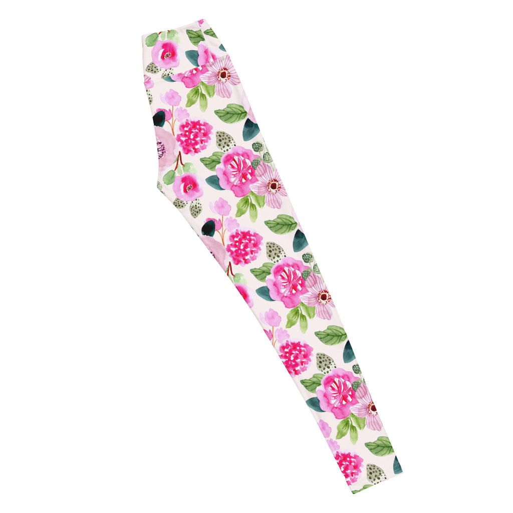 Women's Pink Watercolor Floral Buttery Soft Yoga Leggings - Quick Drying, High Waisted Comfort