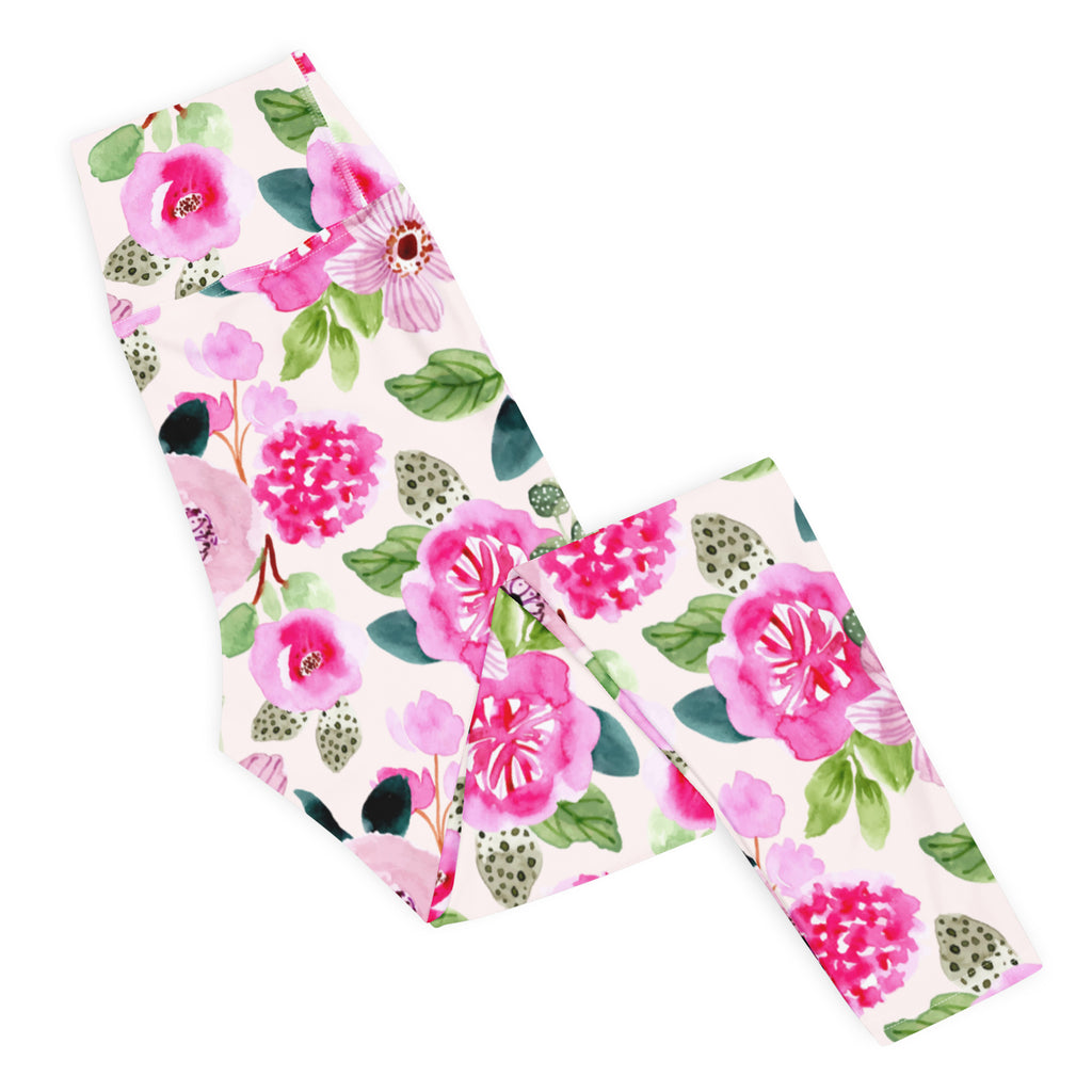 Women's Pink Watercolor Floral Buttery Soft Yoga Leggings - Quick Drying, High Waisted Comfort