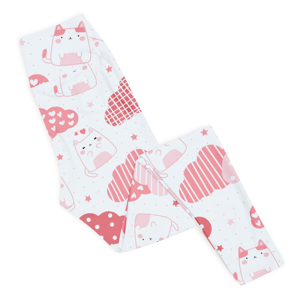 Women's Pink Cat Valentine Buttery Soft Yoga Leggings - Quick Drying, High Waisted Comfort