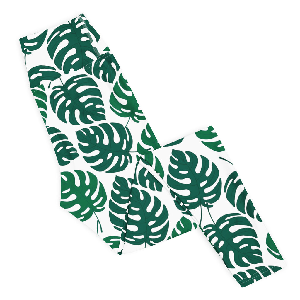 Women's Green Monstera Leaf Buttery Soft Yoga Leggings - Quick Drying, High Waisted Comfort