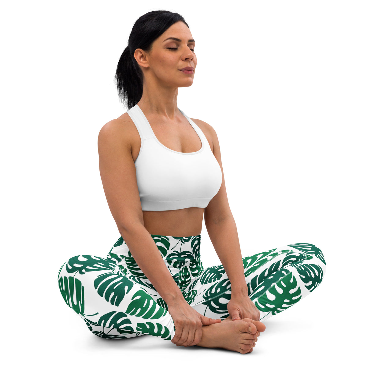 Women's Green Monstera Leaf Buttery Soft Yoga Leggings - Quick Drying, High Waisted Comfort