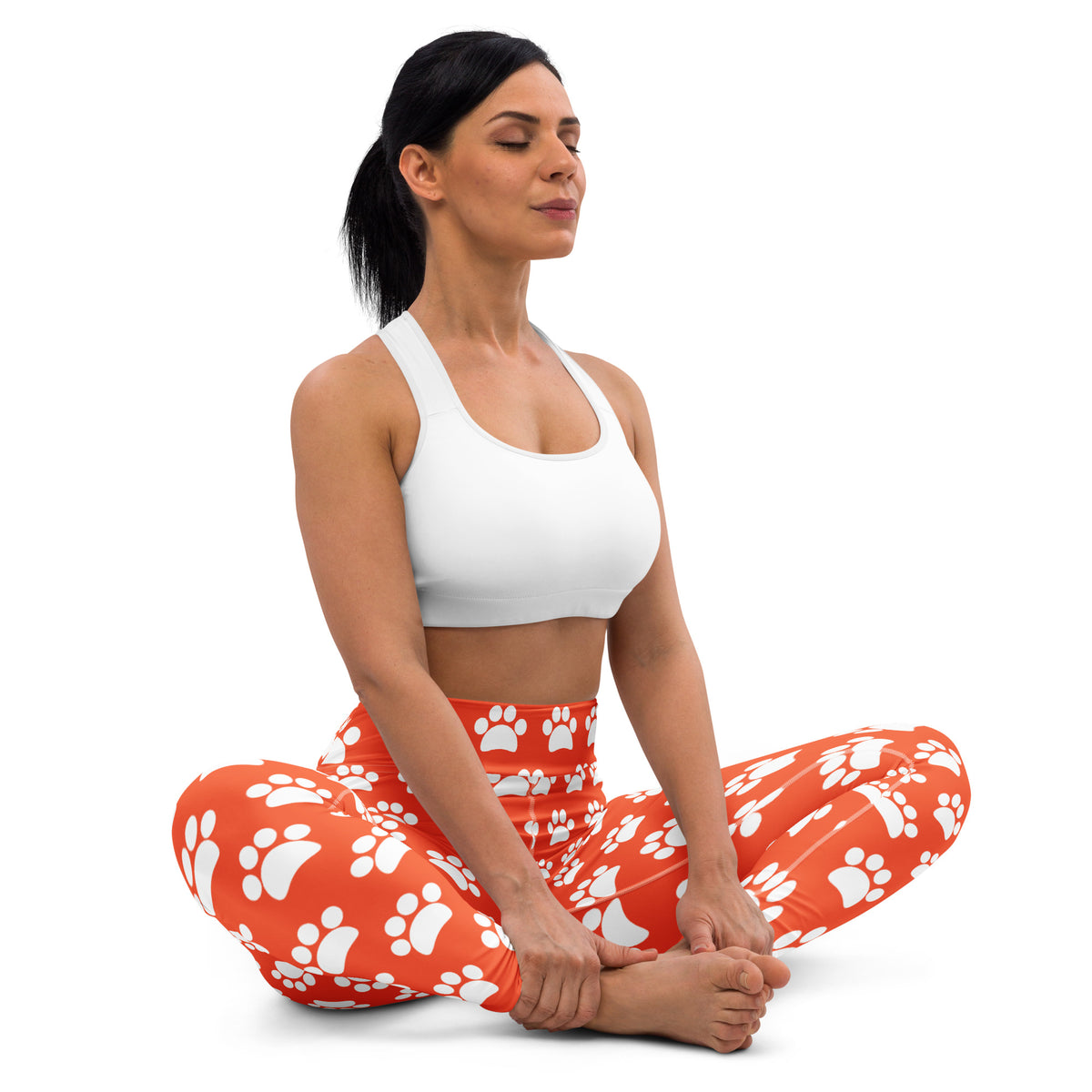 Women's Bright Orange Paw Print Buttery Soft Yoga Leggings - Quick Drying, High Waisted Comfort