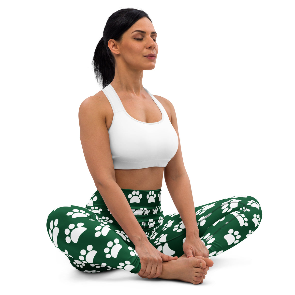 Women's Forest Green Paw Print Buttery Soft Yoga Leggings - Quick Drying, High Waisted Comfort