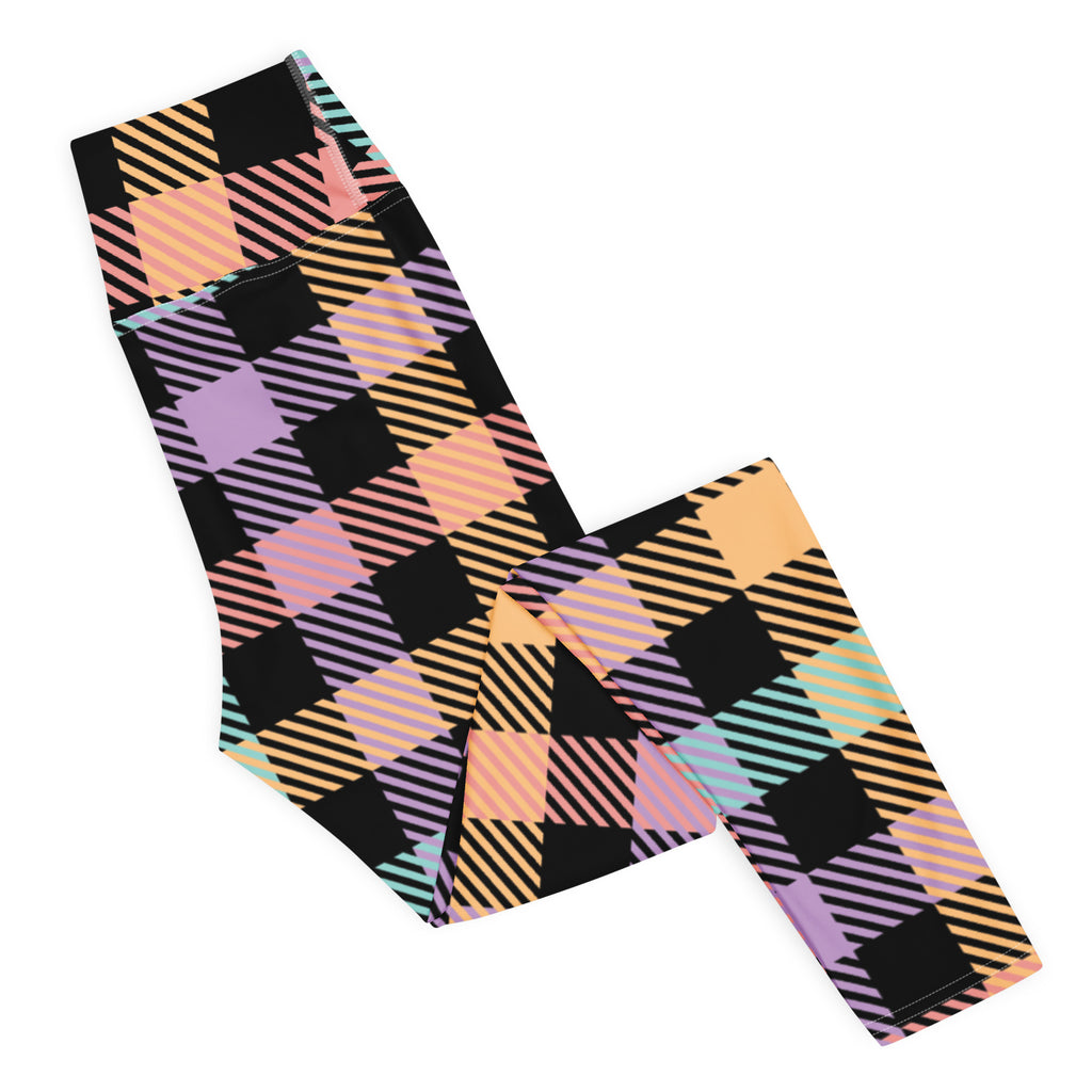 Women's Colorful Black Pastel Plaid Buttery Soft Yoga Leggings - Quick Drying, High Waisted Comfort