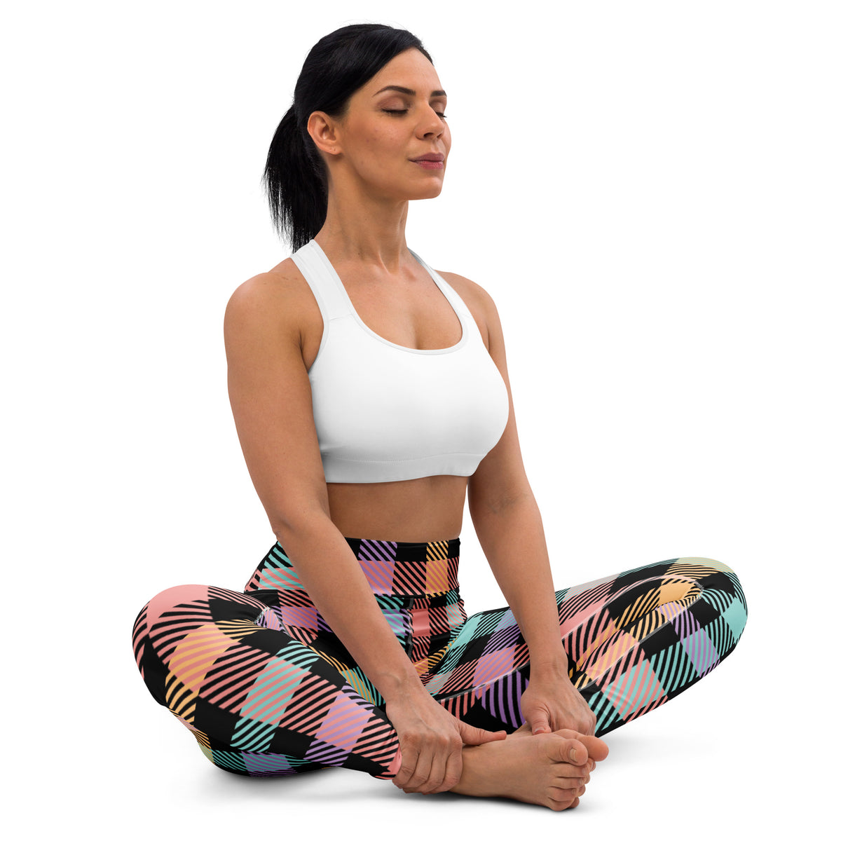 Women's Colorful Black Pastel Plaid Buttery Soft Yoga Leggings - Quick Drying, High Waisted Comfort
