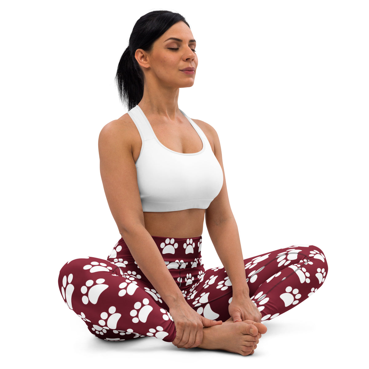 Women's Burgundy Paw Print Buttery Soft Yoga Leggings - Quick Drying, High Waisted Comfort