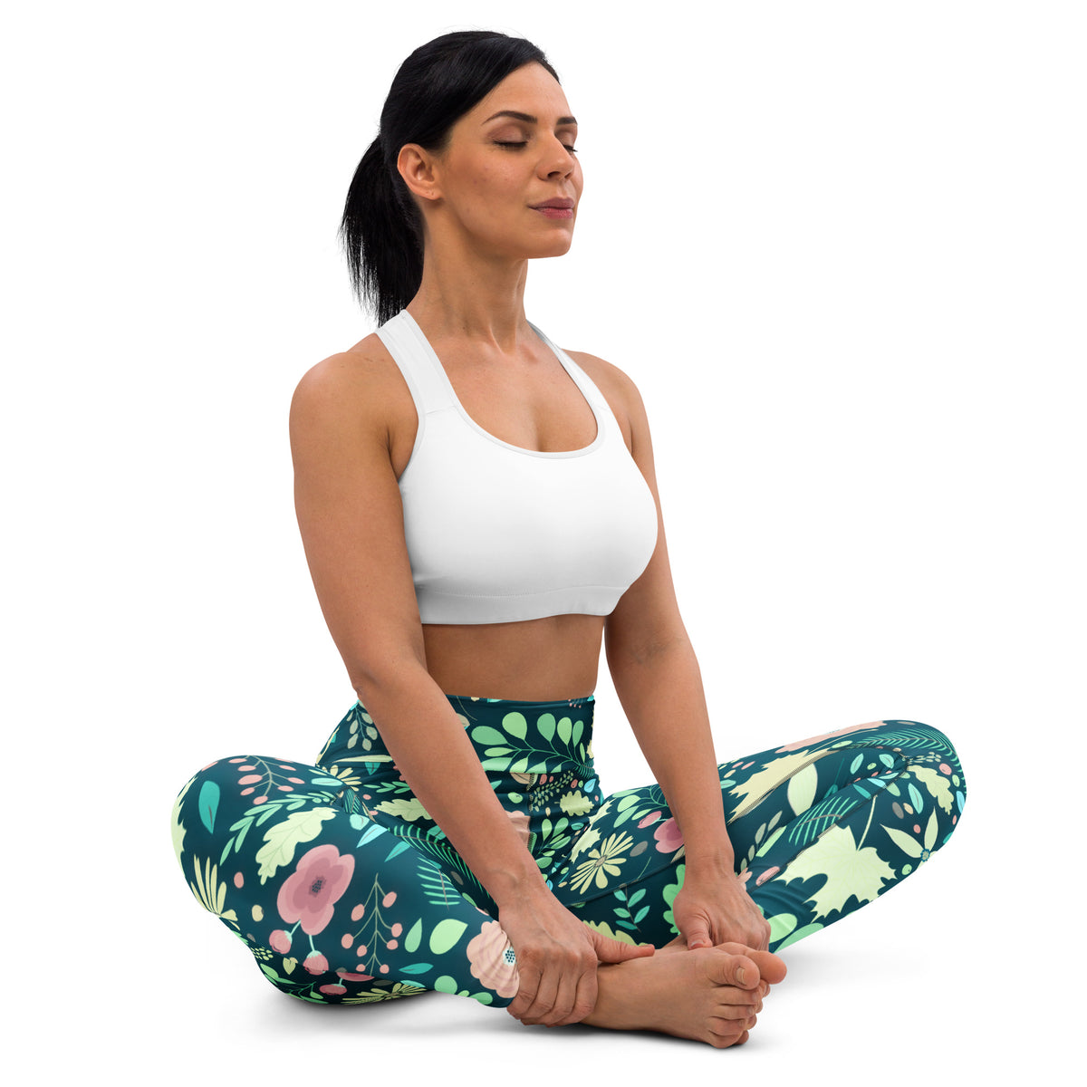 Women's Dark Green Floral Buttery Soft Yoga Leggings - Quick Drying, High Waisted Comfort