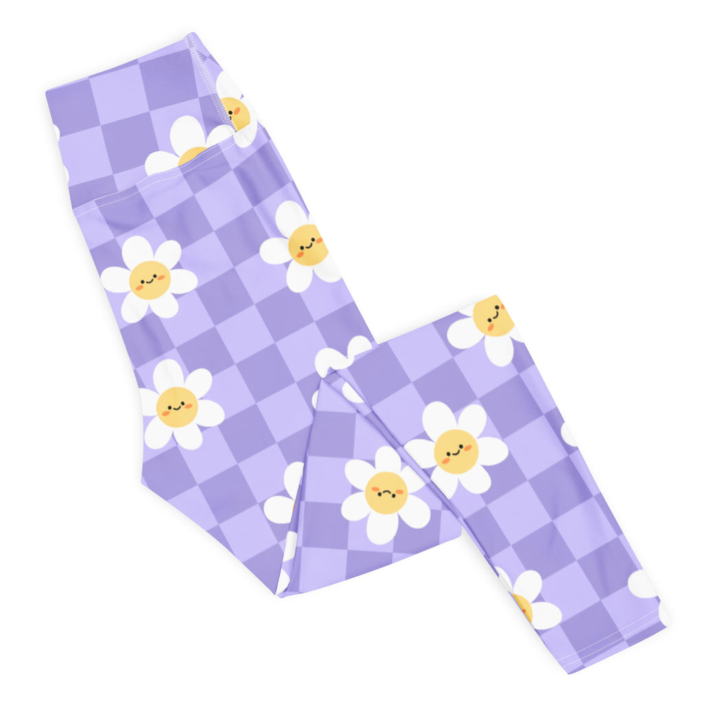 Women's Purple Daisy Checkered Buttery Soft Yoga Leggings - Quick Drying, High Waisted Comfort