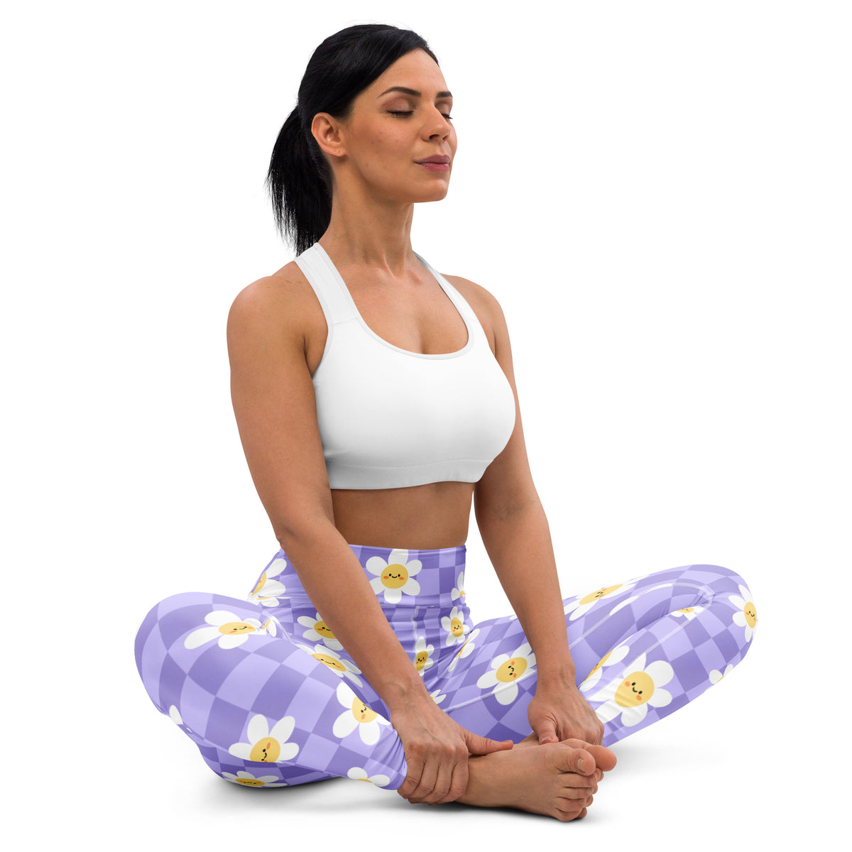 Women's Purple Daisy Checkered Buttery Soft Yoga Leggings - Quick Drying, High Waisted Comfort