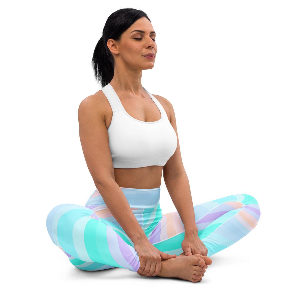 Women's Pastel Blue Rainbow Striped Buttery Soft Yoga Leggings - Quick Drying, High Waisted Comfort