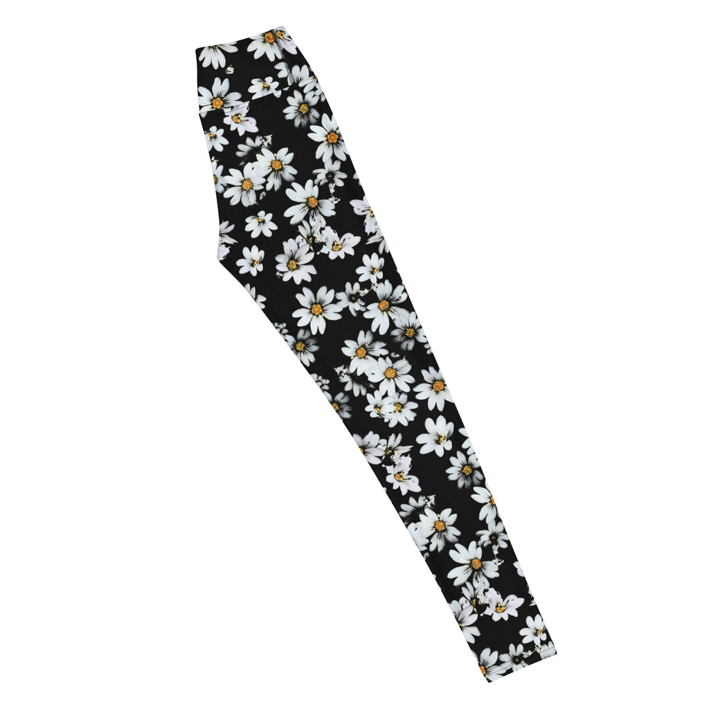 Women's Black Daisy Floral Buttery Soft Yoga Leggings - Quick Drying, High Waisted Comfort