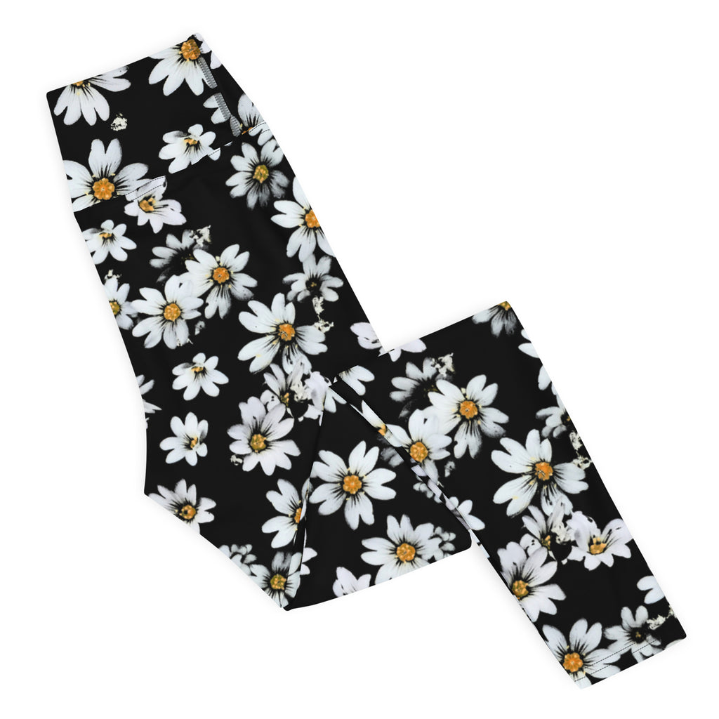 Women's Black Daisy Floral Buttery Soft Yoga Leggings - Quick Drying, High Waisted Comfort