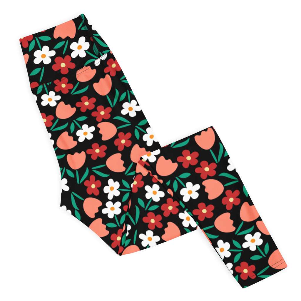 Women's Coral Red Floral Buttery Soft Yoga Leggings - Quick Drying, High Waisted Comfort